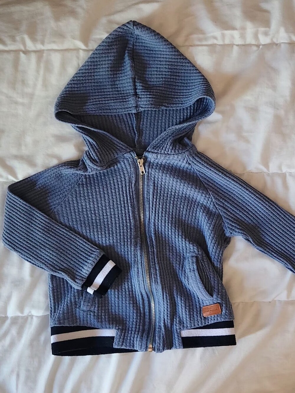 7 For All Mankind Light Blue Hooded Zip-Up Sweater with Striped Trim